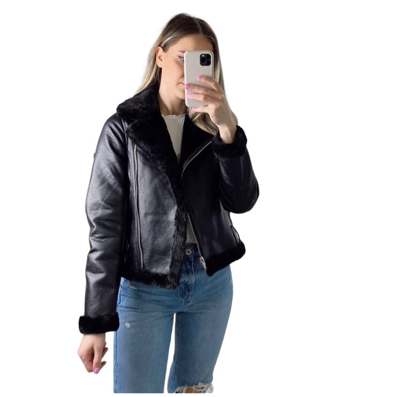Abercrombie & Fitch Jackets & Blazers - Abercrombie & Fitch NWOT Vegan Black Leather Aviator Jacket Fully Fur Lined L